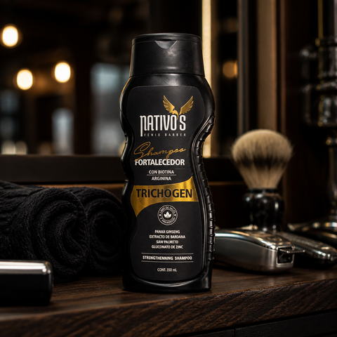 Shampoo Fortalecedor Trichogen Nativo's Fénix Barber 350 mL - ambientada